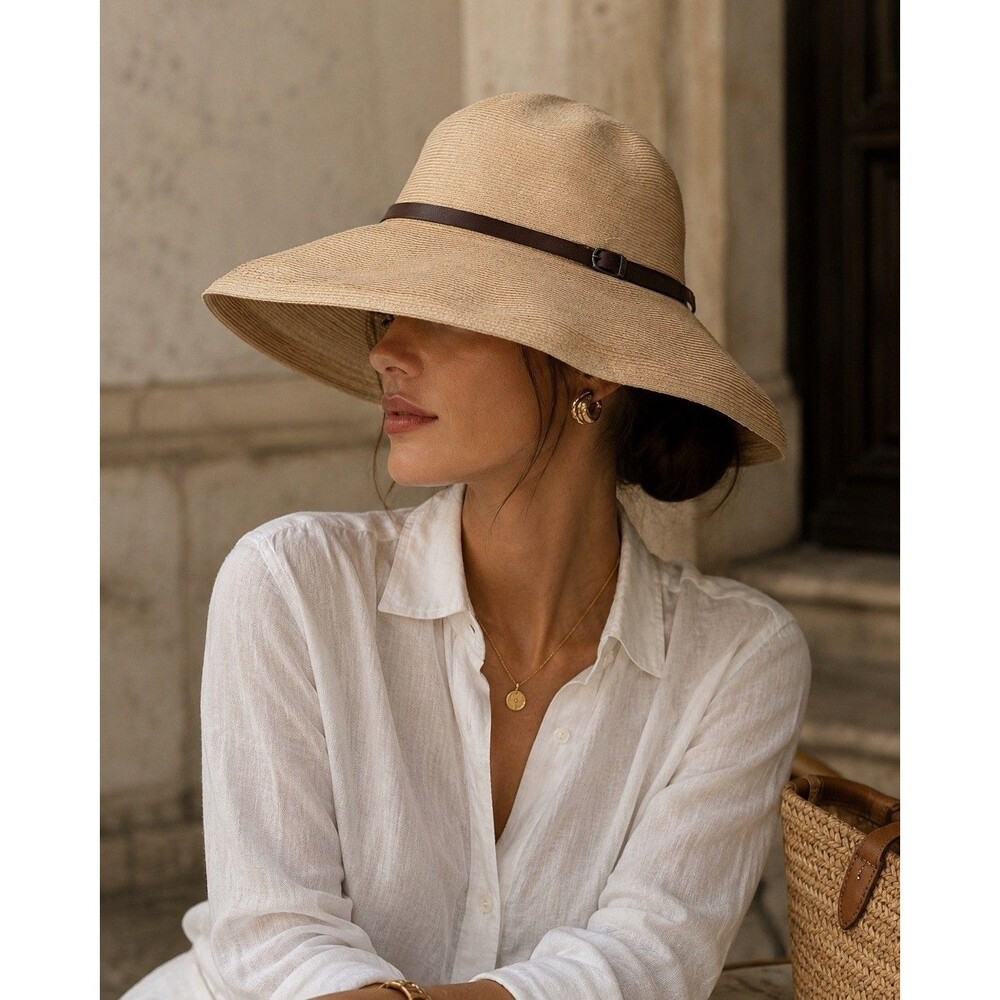 Grevi Wide Brim Sun Hat Beige Brown Leather Band Made In Italy Sz S 100% Hemp